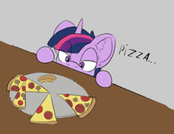 Size: 793x611 | Tagged: safe, artist:cotarsis, imported from derpibooru, twilight sparkle, pony, unicorn, big ears, ear fluff, eye clipping through hair, food, horn, meme, pizza, solo, table, that pony sure does love pizza, two toned background, want