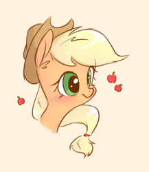 Size: 1580x1819 | Tagged: safe, artist:kaf_pone, imported from derpibooru, applejack, earth pony, pony, apple, applejack's hat, blushing, bust, cowboy hat, cute, female, food, freckles, hat, jackabetes, mare, portrait, smiling, solo