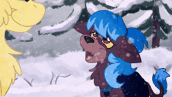 Size: 600x338 | Tagged: safe, artist:euspuche, imported from derpibooru, oc, oc:blazing bolt, oc:mythic dusk, earth pony, animated, female, forest, gif, hug, looking at each other, looking at someone, male, nature, singing, smiling, snow, tree, tweening, winter