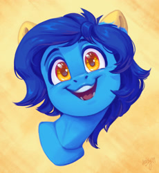 Size: 2763x3000 | Tagged: safe, artist:amishy, imported from derpibooru, oc, oc only, oc:helmie, pony, abstract background, bust, head tilt, looking at you, open mouth, open smile, portrait, signature, smiling, smiling at you, solo