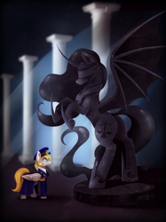 Size: 2120x2830 | Tagged: safe, artist:das_leben, imported from derpibooru, oc, oc only, pegasus, pony, clothes, hat, justice, looking up, rearing, solo, statue