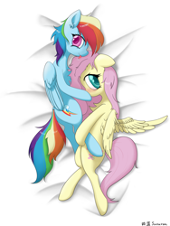 Size: 6144x8192 | Tagged: safe, artist:suzuran, imported from derpibooru, fluttershy, rainbow dash, pegasus, pony, body pillow, body pillow design, female, floppy ears, flutterdash, hooves, lesbian, shipping, simple background, tongue out, white background