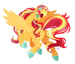 Size: 950x806 | Tagged: safe, artist:prrplefungi, imported from derpibooru, sunset shimmer, alicorn, pony, alicornified, butt, crown, female, flying, hoof shoes, jewelry, mare, plot, race swap, regalia, shimmercorn, simple background, solo, transparent background