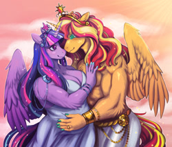 Size: 2650x2262 | Tagged: safe, artist:prrplefungi, imported from derpibooru, sunset shimmer, twilight sparkle, alicorn, anthro, alicornified, bbw, breasts, chubby, cleavage, clothes, crown, dress, fat, female, half r63 shipping, holding each other, jewelry, lesbian, male, partial nudity, race swap, regalia, rule 63, shimmercorn, shipping, sky, straight, sunset glare, sunsetsparkle, topless, twiglare, twilight sparkle (alicorn)