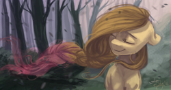 Size: 1260x664 | Tagged: safe, artist:amishy, imported from derpibooru, oc, oc only, pony, eyes closed, female, floppy ears, forest, leaves, mare, nature, outdoors, solo, tree, windswept mane