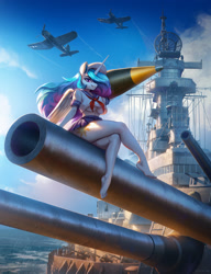 Size: 1992x2600 | Tagged: safe, artist:mrscroup, imported from derpibooru, princess celestia, alicorn, anthro, plantigrade anthro, battleship, breasts, crepuscular rays, feet, female, flowing mane, ocean, plane, sunlight, uss iowa, water