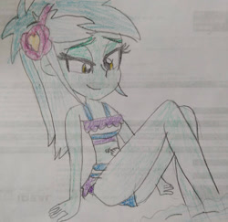 Size: 1280x1244 | Tagged: safe, artist:warioman69, imported from derpibooru, lyra heartstrings, human, equestria girls, belly button, belly piercing, clothes, cute, female, lidded eyes, looking at each other, lyrabetes, piercing, relaxing, smiling, solo, swimsuit, water