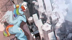Size: 1920x1080 | Tagged: safe, artist:devi_shade, imported from derpibooru, rainbow dash, pegasus, pony, butt, city, cityscape, female, human shoulders, mare, plot, scenery, solo, spread wings, wings