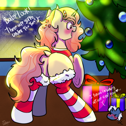 Size: 2000x2000 | Tagged: safe, artist:eniartuwu, imported from derpibooru, oc, pony, unicorn, candy, candy cane, clothes, digital art, dock, female, food, horn, mare, my little pony, snow, socks, striped socks, tail, winter