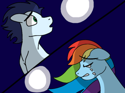 Size: 750x561 | Tagged: safe, artist:pimpartist101, imported from derpibooru, rainbow dash, soarin', pegasus, pony, crying, female, male, mare, moon, night, sad, shipping, soarindash, stallion, straight