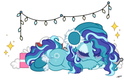 Size: 1600x1037 | Tagged: safe, artist:princessmoonsilver, imported from derpibooru, oc, oc:winter frost, earth pony, pony, christmas, christmas lights, earmuffs, female, holiday, mare, simple background, sleeping, solo, transparent background