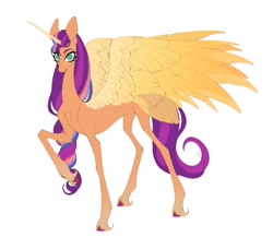 Size: 961x836 | Tagged: safe, artist:meggychocolatka, imported from derpibooru, sunny starscout, alicorn, pony, artificial horn, artificial wings, augmented, beautiful, big ears, coat markings, colored, commission, commissioner:princess, concave belly, eye clipping through hair, eyebrows, eyebrows visible through hair, eyelashes, female, flat colors, g5, hoof fluff, hooves, horn, large wings, long horn, long mane, looking at you, magic, magic horn, magic wings, mane stripe sunny, mare, older, older sunny starscout, princess sunny starscout, race swap, raised hoof, simple background, slender, socks (coat markings), solo, sparkles, sparkly wings, sunnycorn, tall, thin, unshorn fetlocks, white background, wings