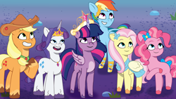 Size: 2400x1350 | Tagged: safe, artist:prixy05, artist:twilightsparkle2011, edit, imported from derpibooru, applejack, fluttershy, pinkie pie, rainbow dash, rarity, twilight sparkle, alicorn, earth pony, pegasus, pony, unicorn, character swap, female, g4 to g5, g5, generation leap, horn, i can't believe it's not hasbro studios, lavarynth, looking up, mane six, mare, my little pony: tell your tale, the isle of scaly (location), twilight sparkle (alicorn)