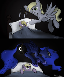 Size: 1280x1534 | Tagged: safe, artist:tetrapony, imported from derpibooru, derpy hooves, dinky hooves, princess luna, alicorn, pegasus, pony, unicorn, :o, bed, black background, blanket, butt, butt squish, caught, commission, cute, daaaaaaaaaaaw, dark, derpabetes, dinkabetes, dream walker luna, dreamcatcher, dreamcaught luna, equestria's best mother, ethereal mane, featured image, female, filly, flowing mane, flying, foal, food, frown, hanging, hnnng, horn, literal, lunabetes, mare, moonbutt, muffin, oops my bad, open mouth, pillow, plot, scared, shocked, signature, simple background, spread wings, stuck, sweet dreams fuel, the ass was fat, the ass was too fat, trapped, wide eyes, wings, wrong eye color