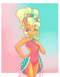 Size: 1255x1600 | Tagged: safe, artist:anvalina, imported from derpibooru, applejack, anthro, earth pony, simple ways, abstract background, alternate hairstyle, applejewel, bare shoulders, bedroom eyes, clothes, dress, featured image, female, freckles, hand on hip, leotard, lidded eyes, mare, my little pony, no pupils, open-back dress, sexy, simple background, solo