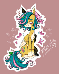 Size: 1080x1350 | Tagged: safe, artist:batzy-artz, imported from derpibooru, part of a set, fluttershy, butterfly, pegasus, pony, alternate cutie mark, alternate design, alternate hairstyle, alternate mane color, alternate tail color, alternate tailstyle, bags under eyes, bandana, bonnet, chest fluff, coat markings, colored belly, colored eyebrows, colored pinnae, colored wings, colored wingtips, cream wingtips, ear tufts, eyeshadow, facial markings, female, folded wings, hair over one eye, hock fluff, leaves, leaves in hair, leaves in mane, leaves in tail, looking away, makeup, mare, mealy mouth (coat marking), messy mane, name, no catchlights, no pupils, outline, pale belly, pink background, redesign, short hair fluttershy, signature, simple background, sitting, smiling, socks (coat markings), solo, stick in tail, sticks in hair, tail, teal eyes, teal mane, three toned mane, tired, tired eyes, turned head, twigs in hair, twigs in tail, two toned wings, unshorn fetlocks, white text, wings, yellow coat, yellow eyeshadow, yellow wingtips