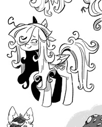 Size: 1080x1350 | Tagged: safe, artist:batzy-artz, imported from derpibooru, part of a set, fluttershy, pegasus, pony, alternate design, alternate hairstyle, alternate tailstyle, bandana, black and white, bonnet, female, folded wings, grayscale, hair over one eye, lidded eyes, long mane, long tail, looking back, mare, messy mane, messy tail, monochrome, raised hoof, simple background, smiling, solo, standing, tail, white background, wings