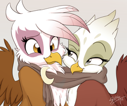 Size: 2100x1750 | Tagged: safe, artist:bluefeathercat, imported from derpibooru, gilda, greta, griffon, clothes, cute, female, gildadorable, grelda, gretadorable, lesbian, looking at each other, looking at someone, scarf, shared clothing, shared scarf, shipping, simple background, smiling