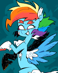 Size: 1080x1350 | Tagged: safe, artist:batzy-artz, imported from derpibooru, rainbow dash, pegasus, pony, alternate design, alternate hairstyle, bandaid, bandaid on nose, blue coat, blue wingtips, blush scribble, blushing, cheek scar, coat markings, colored chest fluff, colored eyebrows, colored hooves, colored pinnae, colored wings, colored wingtips, facial scar, feathered fetlocks, female, flying, grin, hooves, looking away, mare, mismatched hooves, multicolored hair, multicolored hooves, multicolored mane, no pupils, pink eyes, rainbow hair, raised hoof, redesign, ruff, scar, short hair rainbow dash, smiling, socks (coat markings), solo, spread wings, thick eyebrows, two toned wings, white wings, wings