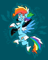 Size: 1080x1350 | Tagged: safe, artist:batzy-artz, imported from derpibooru, rainbow dash, pegasus, pony, alternate design, alternate hairstyle, bandaid, bandaid on nose, blue coat, blue wingtips, blush scribble, blushing, cheek scar, coat markings, colored chest fluff, colored eyebrows, colored hooves, colored pinnae, colored wings, colored wingtips, facial scar, feathered fetlocks, female, flying, grin, hooves, looking away, mare, mismatched hooves, multicolored hair, multicolored hooves, multicolored mane, multicolored tail, name, no pupils, outline, pink eyes, rainbow hair, rainbow tail, raised hoof, raised hooves, raised leg, redesign, ruff, scar, short hair rainbow dash, simple background, smiling, socks (coat markings), solo, spread wings, tail, teal background, thick eyebrows, two toned wings, white wings, wings