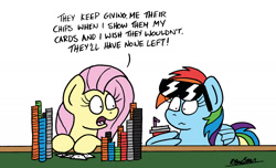 Size: 2020x1232 | Tagged: safe, artist:bobthedalek, imported from derpibooru, fluttershy, rainbow dash, pegasus, pony, casino, cute, dialogue, drink, duo, female, gambling, mare, newbie artist training grounds, painfully innocent fluttershy, playing card, poker, poker chips, pokershy, shyabetes, sunglasses, wing hands, wings