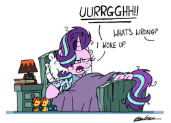 Size: 2117x1528 | Tagged: safe, artist:bobthedalek, imported from derpibooru, starlight glimmer, pony, unicorn, annoyed, bed, bed mane, board game, clothes, dialogue, dragon pit, female, groan, horn, implied shipping, implied starburst, implied straight, implied sunburst, lamp, messy mane, morning ponies, offscreen character, pajamas, simple background, slippers, solo, themed slippers, white background