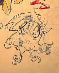 Size: 640x797 | Tagged: safe, artist:batzy-artz, imported from derpibooru, fluttershy, pegasus, pony, big eyes, crying, eyelashes, female, floppy ears, hatching (technique), head only, irl, looking away, looking up, mare, monochrome, pen drawing, photo, sketch, solo, traditional art, wings, wings down