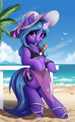 Size: 1864x3001 | Tagged: safe, artist:lightly-san, imported from derpibooru, oc, oc only, oc:eleane tih, semi-anthro, unicorn, arm hooves, beach, bikini, bracelet, clothes, female, food, hat, hoof sandals, horn, ice cream, jewelry, looking at you, magic, ocean, popsicle, sandals, solo, swimsuit, telekinesis, tongue out, unicorn oc, water