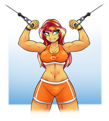 Size: 1024x1138 | Tagged: safe, artist:ambris, imported from derpibooru, sunset shimmer, human, equestria girls, abs, abstract background, adorasexy, armpits, athletic, beautiful, beautisexy, belly, belly button, biceps, breasts, busty sunset shimmer, cleavage, clothes, commission, confident, cute, cutie mark, cutie mark on clothes, eyebrows, female, fingerless gloves, gloves, gradient background, gym shorts, midriff, multicolored hair, muscles, muscular female, raised eyebrow, sexy, shorts, solo, sports bra, sunset lifter, teeth, thighs, underass, workout, workout outfit, yellow skin