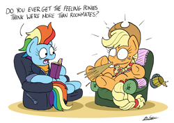 Size: 2292x1628 | Tagged: safe, artist:bobthedalek, imported from derpibooru, applejack, rainbow dash, pony, the last problem, book, chair, cider, clothes, female, granny smith's shawl, implied appledash, implied lesbian, implied shipping, mare, my little pony, not shipping, older, older applejack, older rainbow dash, recliner, roommates, sappho and her friend, scarf, shipping denied, signature, simple background, spit take, white background