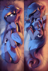 Size: 2000x3000 | Tagged: safe, artist:freeedon, imported from derpibooru, princess luna, alicorn, pony, body pillow, body pillow design, crown, cute, eyes closed, female, filly, filly luna, foal, jewelry, looking at you, lunabetes, mare, regalia, sleeping, smiling, solo, woona, younger