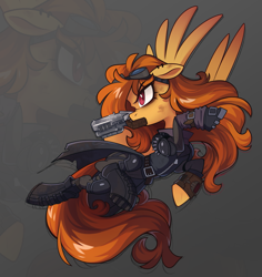 Size: 2525x2672 | Tagged: safe, artist:crimmharmony, imported from derpibooru, oc, oc only, oc:pumpkin spice, pegasus, pony, fallout equestria, armor, clothes, female, floppy ears, flying, goggles, gun, looking away, mare, orange hair, pegasus oc, pipbuck, red eyes, shoes, simple background, solo, solo female, spread wings, weapon, wings