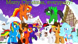 Size: 672x383 | Tagged: safe, artist:zac8attackstudios, imported from derpibooru, oc, oc:angus, oc:ej, oc:firey ratchet, oc:jade harmony, oc:jemimasparkle, oc:rainbow flower, oc:red arrow, oc:shield wing, oc:star armour, pegasus, christmas, female, holiday, male, snow