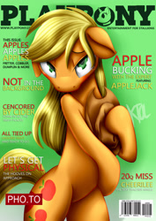 Size: 2059x2912 | Tagged: safe, artist:pshyzomancer, imported from derpibooru, applejack, earth pony, pony, bipedal, blushing, female, hat, looking at you, mare, playboy, playbrony, playpony, solo