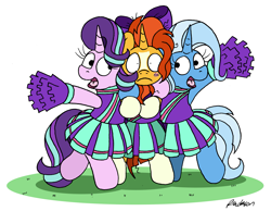 Size: 2697x2088 | Tagged: safe, artist:bobthedalek, imported from derpibooru, starlight glimmer, sunburst, trixie, pony, unicorn, 2 4 6 greaaat, season 9, spoiler:s09, bipedal, blaze (coat marking), blushing, bow, cheerleader, cheerleader outfit, cheerleader starlight, cheerleader sunburst, cheerleader trixie, clothes, coat markings, crossdressing, cute, diatrixes, embarrassed, facial markings, female, fighting over boy, glimmerbetes, horn, male, male cheerleader, mare, my little pony, pom pom, shrunken pupils, skirt, socks (coat markings), stallion, sunbetes, sunburst gets all the mares, trio