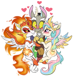 Size: 1128x1193 | Tagged: safe, artist:stepandy, imported from derpibooru, daybreaker, discord, princess celestia, alicorn, draconequus, pony, a royal problem, season 7, blushing, chibi, crown, cute, cutelestia, diabreaker, disbreaker, discord gets all the mares, discute, dislestia, duality, ear fluff, female, heart, helmet, jewelry, lucky bastard, male, mare, my little pony, regalia, scrunchy face, shipping, simple background, smiling, spread wings, squishy cheeks, straight, transparent background, watermark, wings