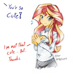 Size: 1200x1206 | Tagged: safe, artist:operationmank, imported from derpibooru, sunset shimmer, human, equestria girls, blatant lies, blushing, boob window, breasts, cleavage, clothes, cute, female, grammar error, i'm not cute, keyhole turtleneck, misspelling, modesty, open-chest sweater, shimmerbetes, solo, sweater, turtleneck