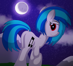 Size: 3600x3300 | Tagged: safe, artist:agkandphotomaker2000, imported from derpibooru, dj pon-3, vinyl scratch, pony, unicorn, butt, cloud, complex background, high res, horn, looking at you, moon, mountain, night, red eyes, solo, stroll, walking