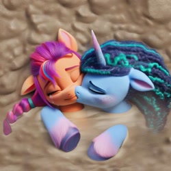 Size: 1024x1024 | Tagged: safe, imported from derpibooru, sunny starscout, earth pony, pony, unicorn, ai content, ai generated, anonymous prompter, blushing, crying, duo, duo female, eyes closed, female, g5, generator:pony diffusion v6 xl, generator:stable diffusion, hoof around neck, horn, hug, kiss on the lips, kissing, lesbian, mane stripe sunny, mare, misty brightdawn, mud, mud bath, my little pony: make your mark, quicksand, shipping, submerged, sunnydawn, tears of joy