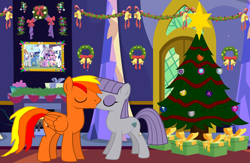 Size: 1532x999 | Tagged: safe, artist:star-armour95, imported from derpibooru, maud pie, oc, oc:angus, christmas, christmas tree, female, holiday, kissing, male, present, tree, wreath