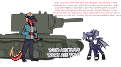 Size: 2324x1296 | Tagged: safe, artist:moonatik, imported from derpibooru, oc, oc:selenite, anthro, bat pony, dinosaur, pony, tyrannosaurus rex, anthro oc, bat pony oc, bat wings, clothes, colored sketch, dialogue, female, gift art, kv-2, male, mare, military uniform, non-pony oc, scalie, sketch, tank (vehicle), uniform, vulgar, wings