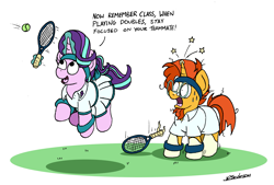 Size: 2691x1815 | Tagged: safe, artist:bobthedalek, imported from derpibooru, starlight glimmer, sunburst, pony, unicorn, accidental exposure, ball, clothes, duo, eyes on the prize, female, horn, hornboner, implied shipping, implied starburst, implied straight, jumping, looking at butt, male, mare, open mouth, shipping, shirt, skirt, sports, stallion, starburst, straight, sweat, sweatband, tennis, tennis ball, tennis racket, upskirt, we don't normally wear clothes