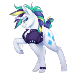 Size: 2000x2000 | Tagged: safe, artist:mittz-the-trash-lord, imported from derpibooru, rarity, pony, unicorn, it isn't the mane thing about you, alternate hairstyle, clothes, eyeshadow, female, horn, looking at you, makeup, mare, my little pony, punk, raised hoof, raripunk, short hair, simple background, smiling, solo, transparent background