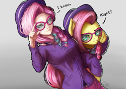 Size: 1529x1080 | Tagged: safe, artist:the-park, imported from derpibooru, fluttershy, human, pegasus, pony, fake it 'til you make it, alternate hairstyle, duo, female, hipstershy, human ponidox, humanized, looking at you, mare, my little pony, self paradox, self ponidox, simple background