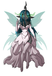 Size: 2025x2961 | Tagged: safe, artist:danmakuman, imported from derpibooru, queen chrysalis, anthro, changeling, changeling queen, fairy, breasts, bride, butterfly wings, cleavage, clothes, dress, evening gloves, female, garter belt, garters, gloves, glowing, glowing eyes, high heels, long gloves, shoes, socks, solo, stockings, thigh highs, wedding dress, wings