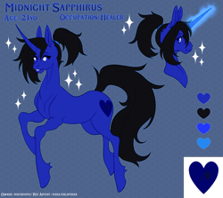 Size: 4030x3592 | Tagged: safe, artist:emalajissda, imported from derpibooru, oc, oc only, oc:midnight sapphirus, pony, unicorn, commission, female, glowing, glowing horn, horn, mare, reference sheet, solo