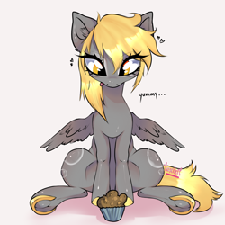 Size: 3964x3968 | Tagged: safe, artist:toxikil, imported from derpibooru, derpy hooves, pegasus, pony, both cutie marks, cupcake, cutie mark, food, frog (hoof), looking down, makeup, meta, shiny, shiny mane, simple background, sitting, spread wings, tail, text, twitter, twitter link, underhoof, wingding eyes, wings, yellow eyes