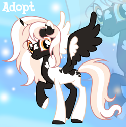 Size: 1280x1287 | Tagged: safe, artist:vi45, imported from derpibooru, oc, oc only, alicorn, pony, adoptable, alicorn oc, base used, blonde mane, blonde tail, brown eyelashes, colored eartips, colored eyelashes, colored hooves, colored legs, colored wings, ear markings, eyelashes, facial markings, female, female oc, golden eyes, gradient background, heart, heart mark, hooves, horn, long tail, looking at you, mare, mare oc, mismatched hooves, mismatched wings, multicolored hooves, orange eyes, raised hoof, smiling, smiling at you, solo, splotches, standing, standing on three hooves, striped horn, tail, three quarter view, two toned mane, two toned tail, unicorn horn, wings, zoom layer