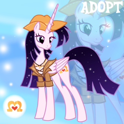 Size: 1280x1277 | Tagged: safe, artist:vi45, imported from derpibooru, oc, oc only, alicorn, pony, adoptable, alicorn oc, base used, clothes, colored eyelashes, concave belly, cowboy hat, ethereal mane, ethereal tail, eyelashes, female, female oc, folded wings, gradient background, hat, horn, jewelry, long horn, magenta eyelashes, mare, mare oc, necklace, pink coat, purple eyes, purple mane, purple tail, slender, smiling, solo, standing, starry mane, starry tail, stetson, straight mane, straight tail, tail, thin, three quarter view, turned head, unicorn horn, vest, wings, zoom layer