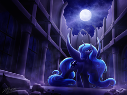 Size: 1024x768 | Tagged: safe, artist:novaintellus, imported from derpibooru, princess luna, alicorn, pony, castle of the royal pony sisters, female, full moon, looking at you, mare, moon, night, rock, sky, solo, spread wings, wings